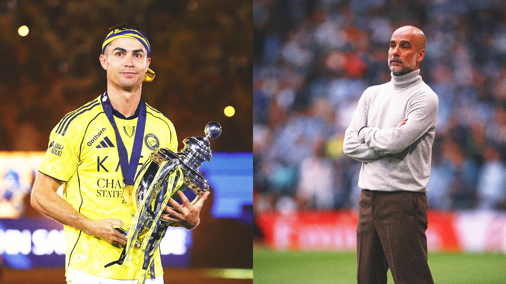 Pep Guardiola and Cristiano Ronaldo, representing Saudi Arabia's ambitions in international football.