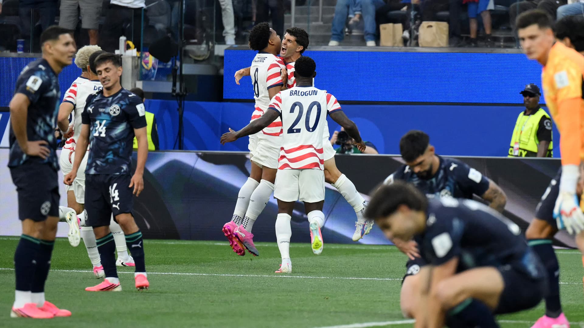US men's national soccer team celebrating their 4-1 victory in World Cup opener