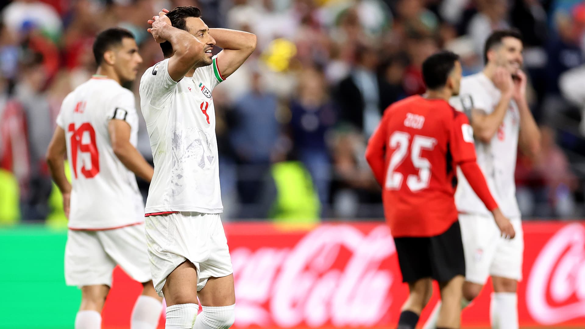 Iran's players react after a disallowed goal against Egypt in the World Cup.