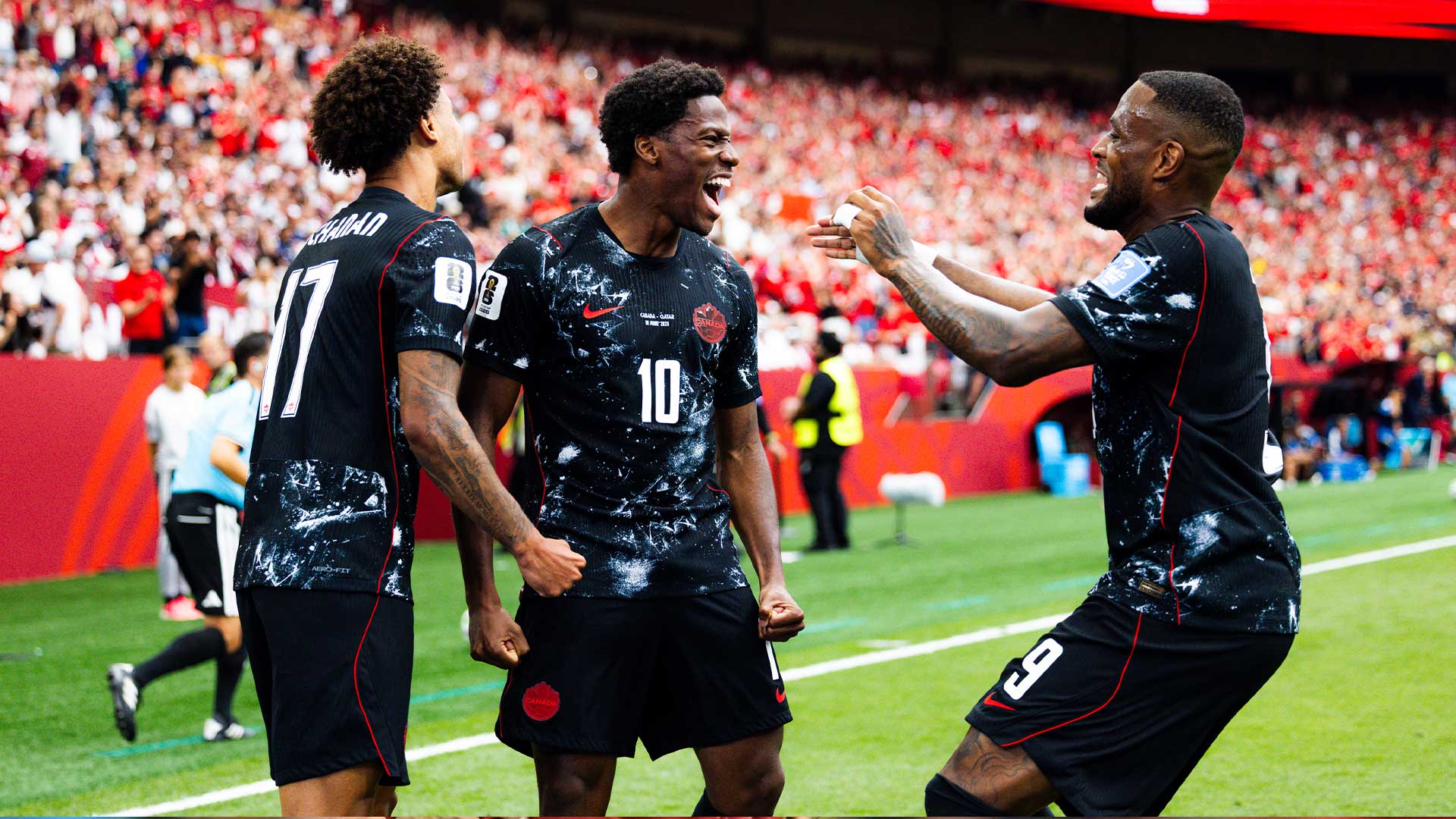Canada celebrates its historic 6-0 victory over Qatar in the FIFA World Cup.