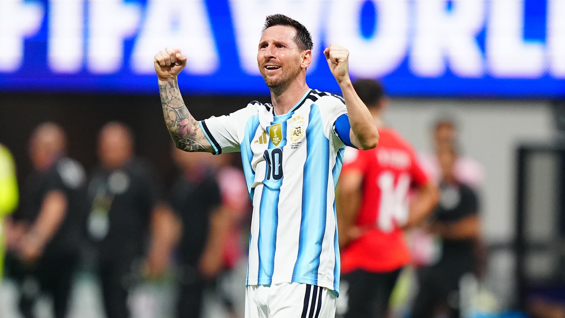 Lionel Messi celebrating after breaking the FIFA World Cup assists record.