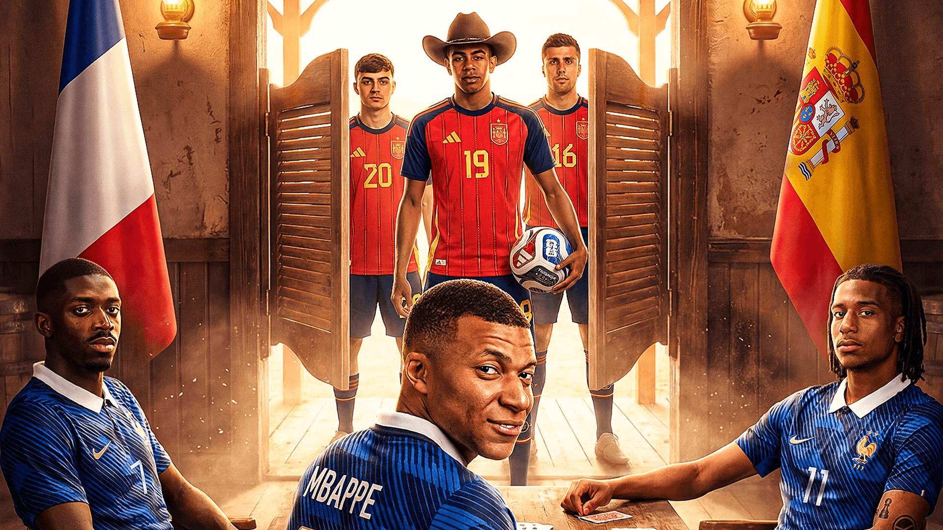 France and Spain flags representing their rivalry in the World Cup semifinals.