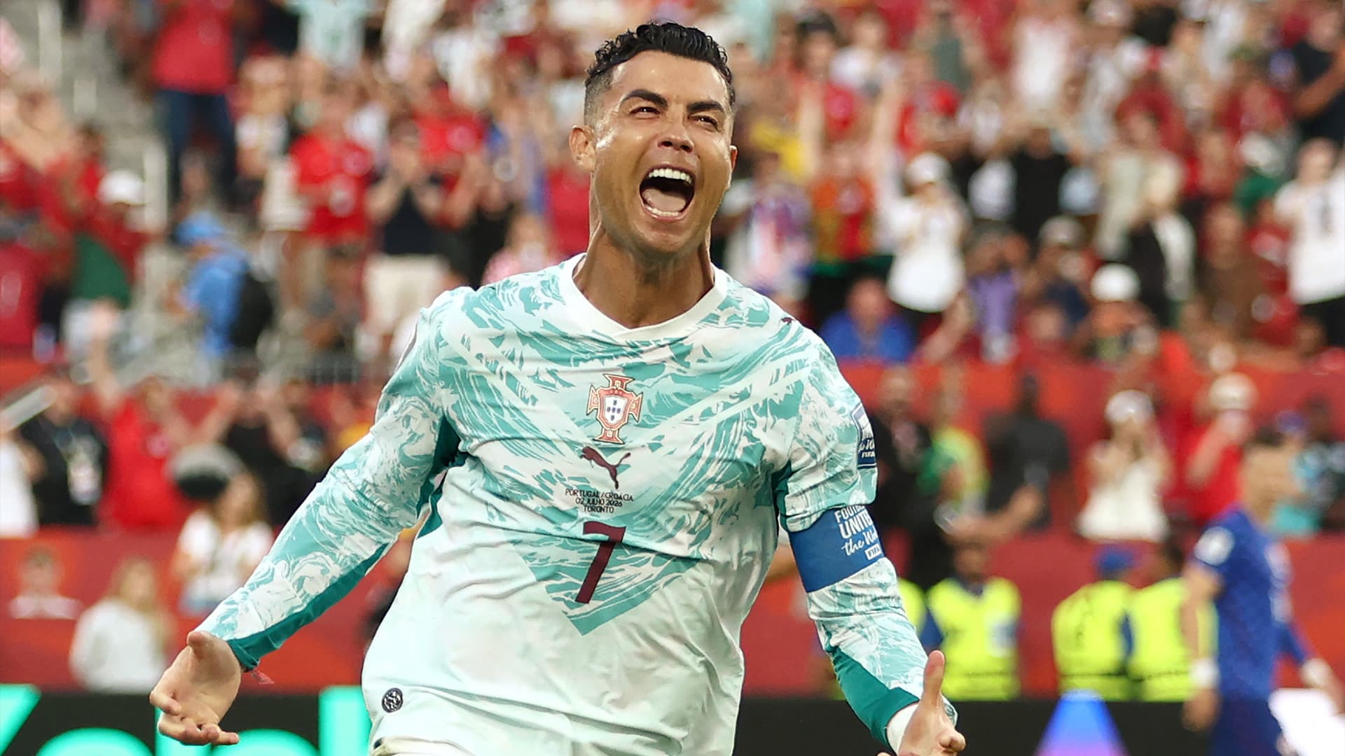 Cristiano Ronaldo celebrating his first World Cup knockout stage goal