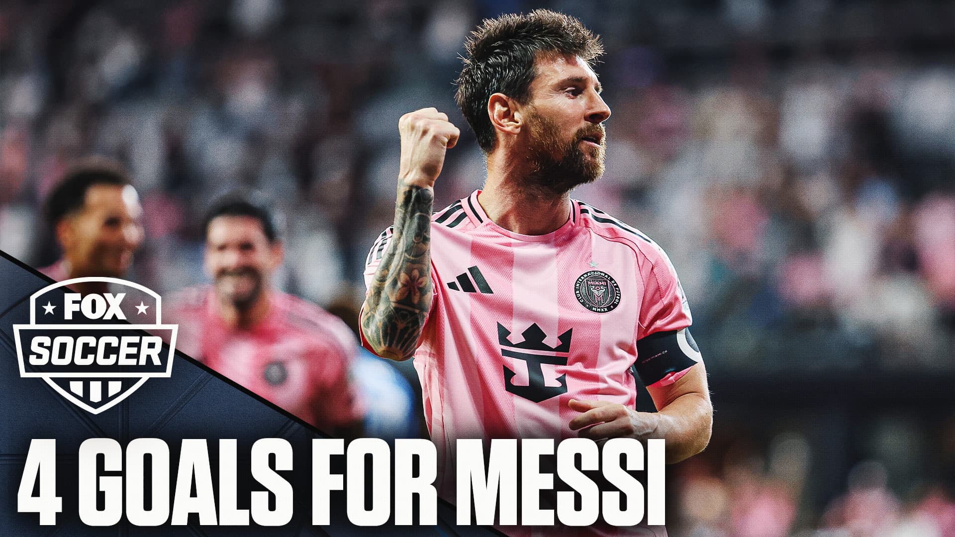 Lionel Messi celebrating after scoring four goals in Inter Miami's 7-1 victory over CF Montréal.