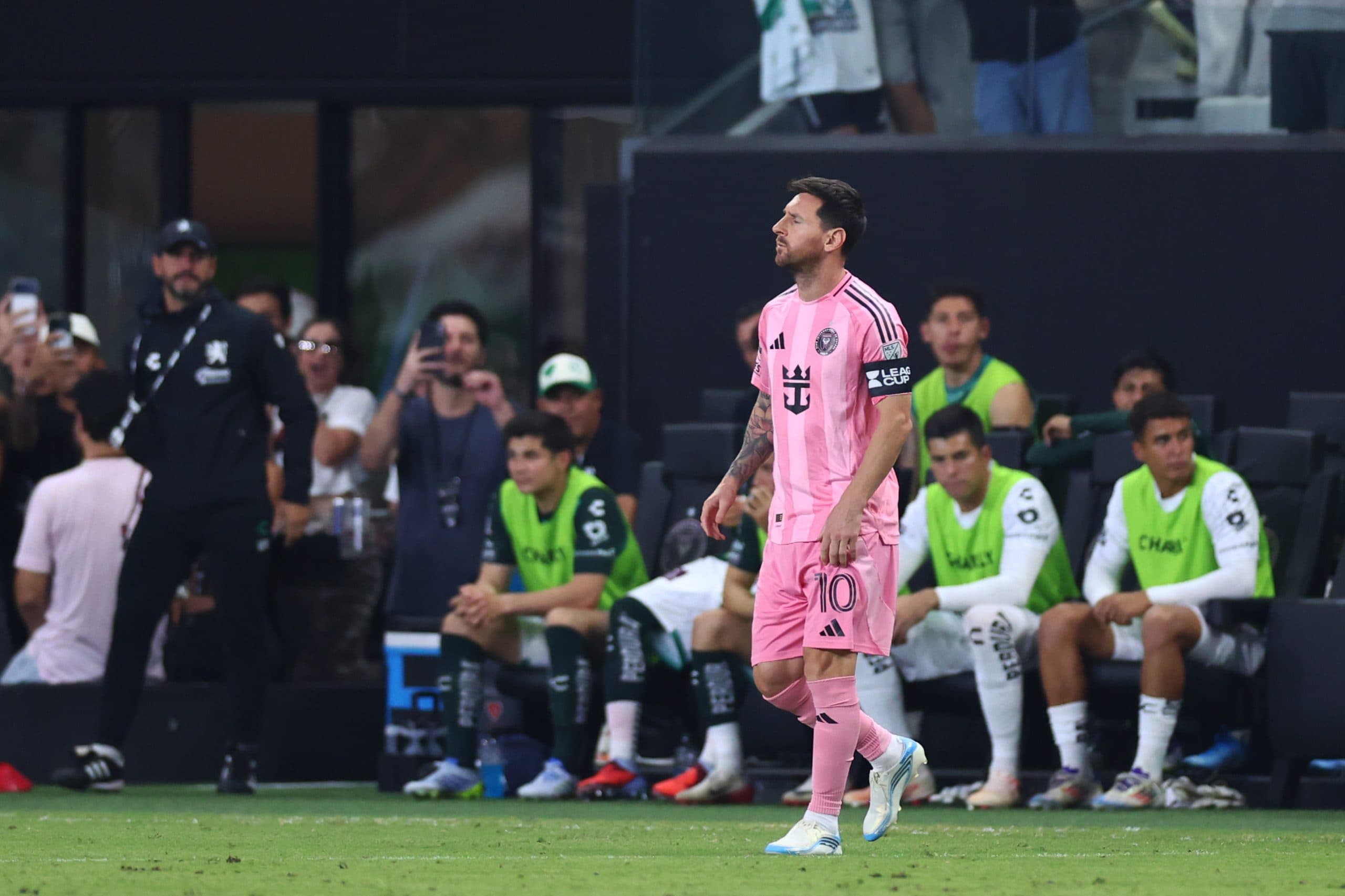 Lionel Messi on the field during Inter Miami's Leagues Cup match against Leon.