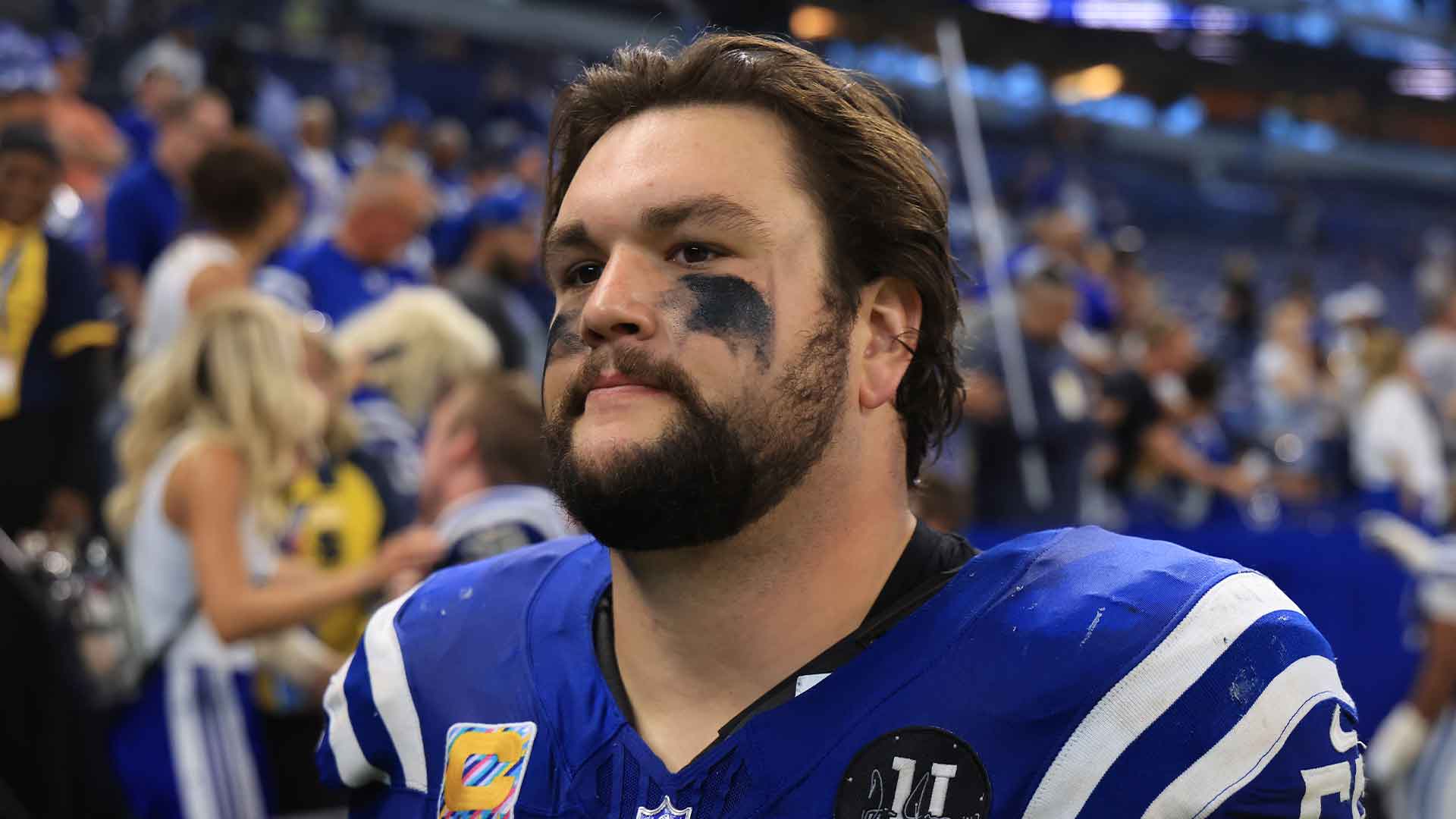 Minimalist typographic card highlighting the number eight and the Quenton Nelson trade between Indianapolis and Seattle
