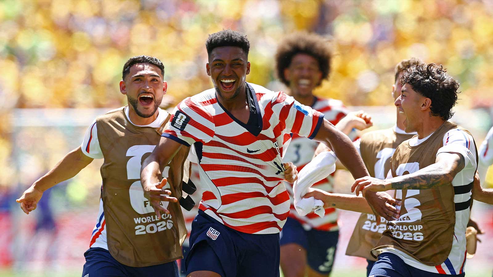 USMNT players celebrating their victory against Australia in World Cup 2026.