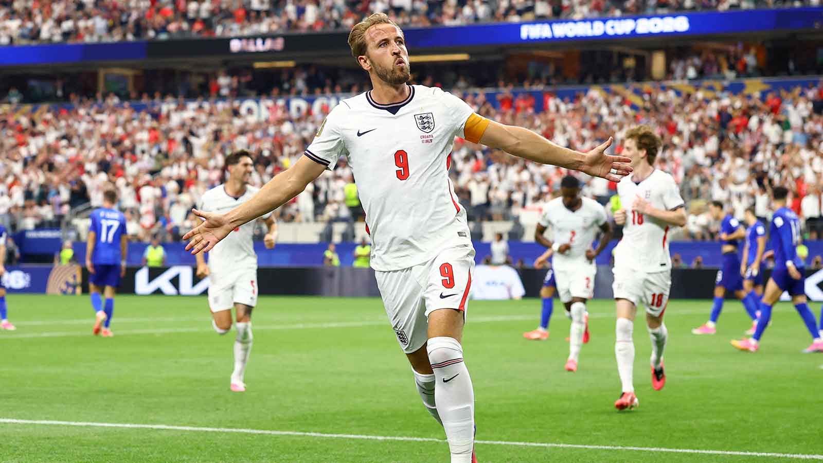 Harry Kane celebrating after tying a historic record during the World Cup match against Croatia.