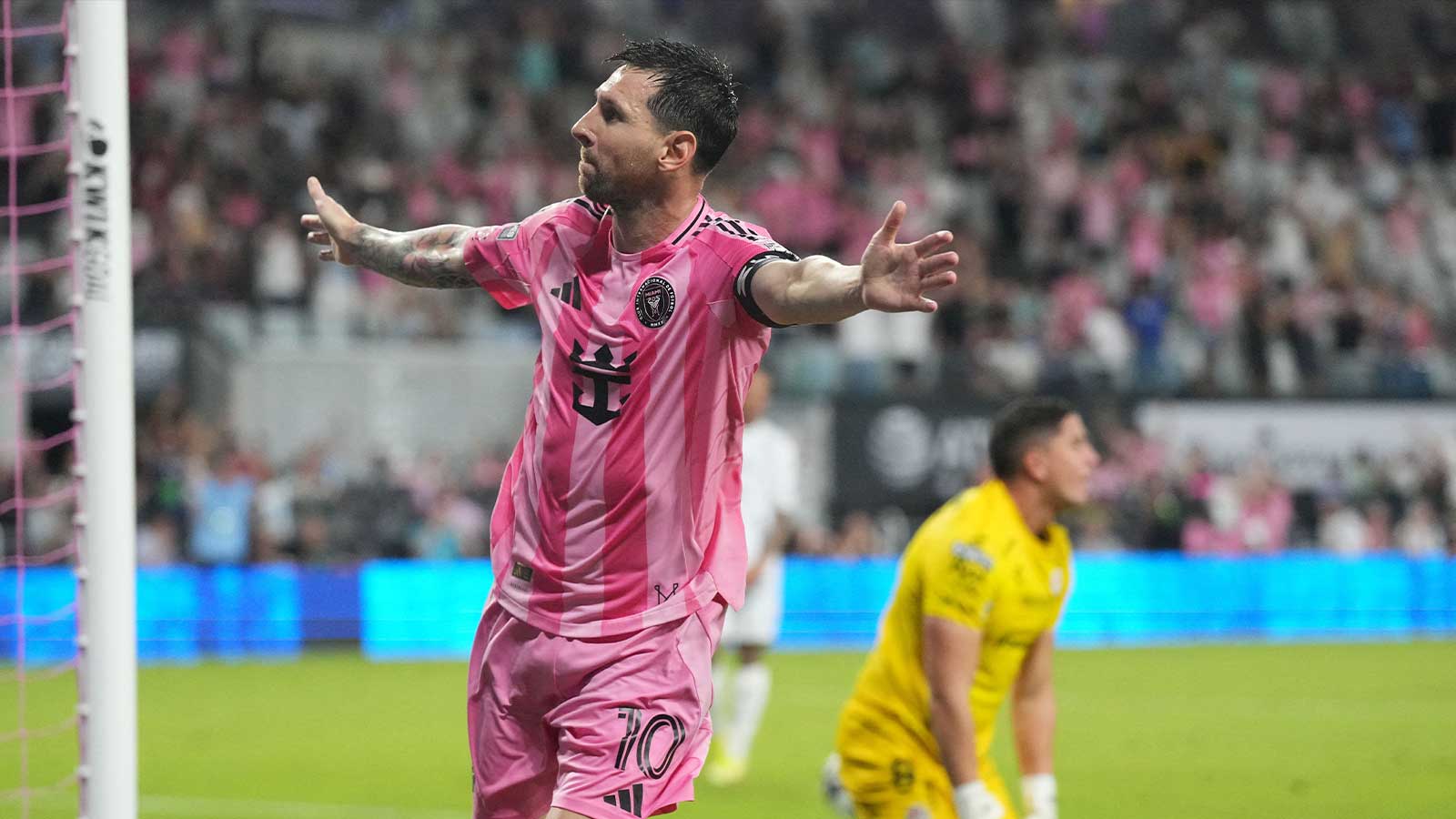Lionel Messi celebrating after scoring in the Leagues Cup match against Atlético San Luis.