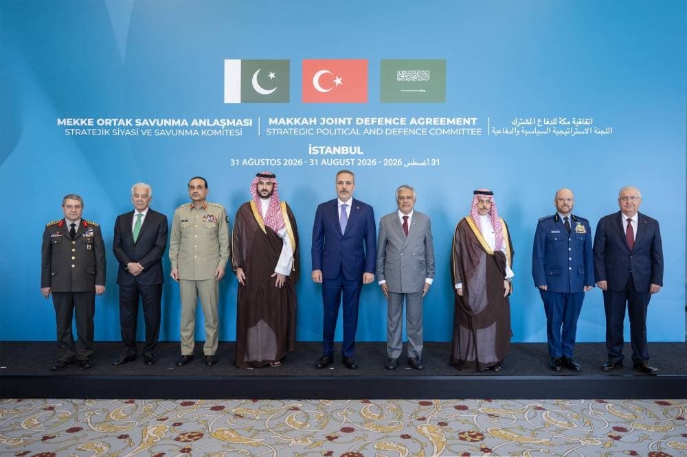 Map highlighting Saudi Arabia, Turkey, and Pakistan as founding nations of the Mecca Joint Defense Agreement.