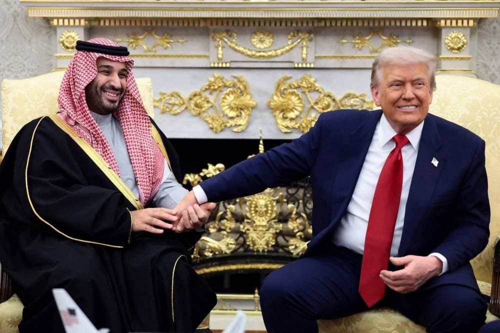 Infographic detailing the $150 billion arms deals between the US and Saudi Arabia, highlighting key military assets and timelines.