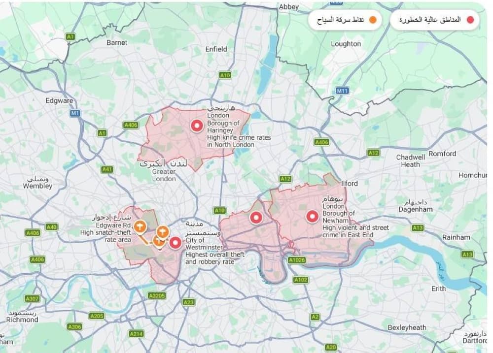A map highlighting Mayfair, London, with statistics on rising street crime and the recent stabbing incident.