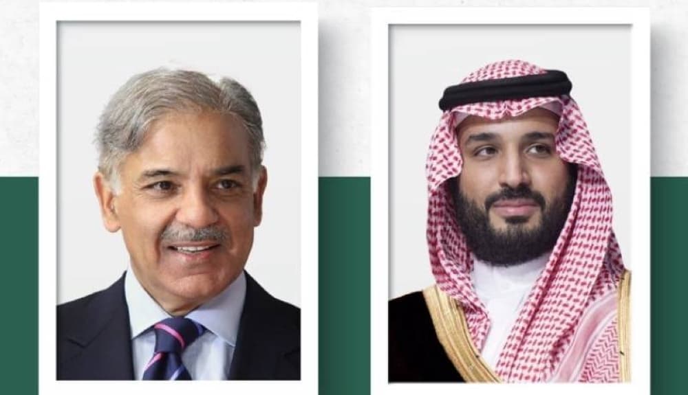 Saudi Crown Prince and Pakistani PM discussing regional tensions over a phone call, highlighting diplomatic efforts.