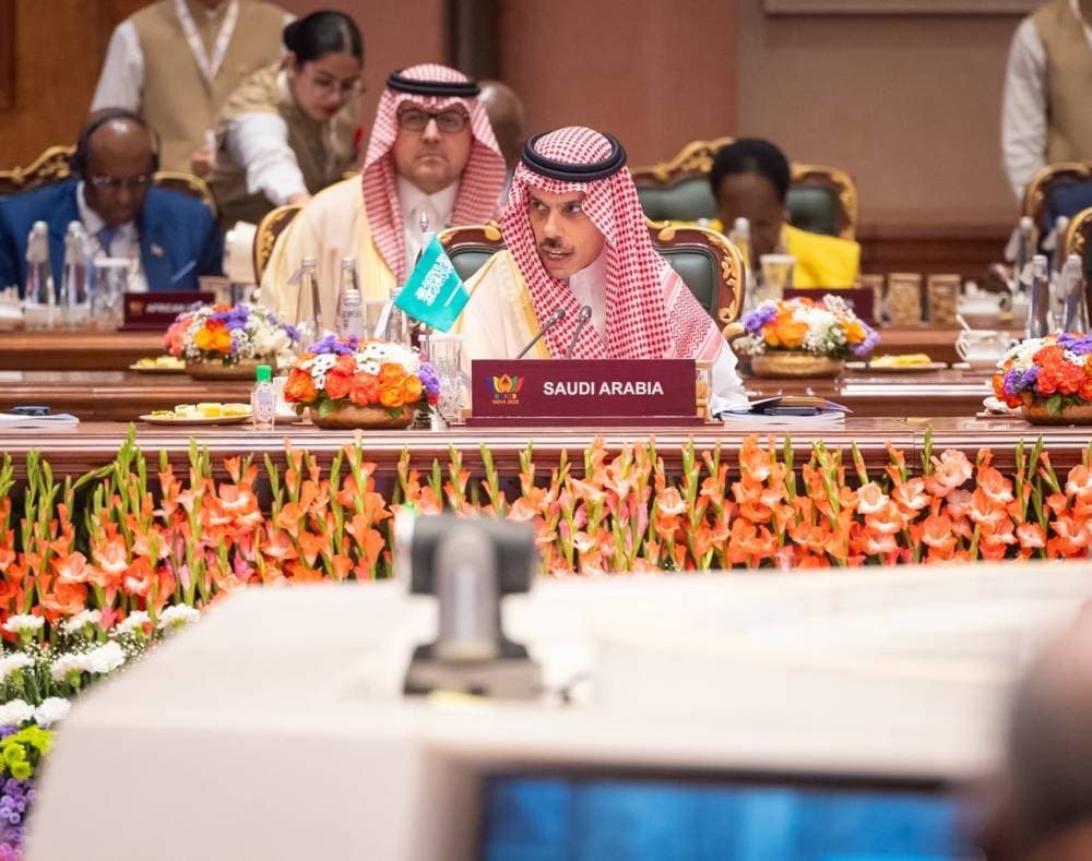 Saudi Foreign Minister addressing BRICS 2026, emphasizing territorial security and regional stability.