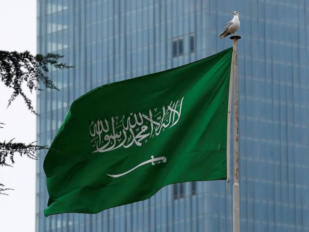 Flags of Saudi Arabia, Egypt, Pakistan, and Turkey in front of the UN building during the Quad meeting.