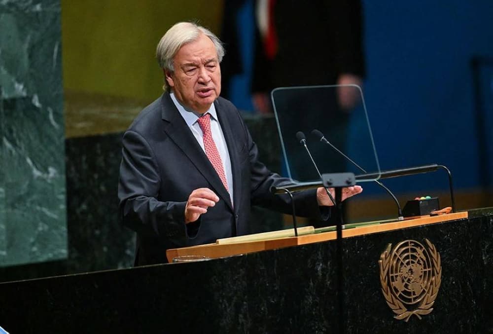 António Guterres delivering his final address at the UN, outlining four tests of global power.