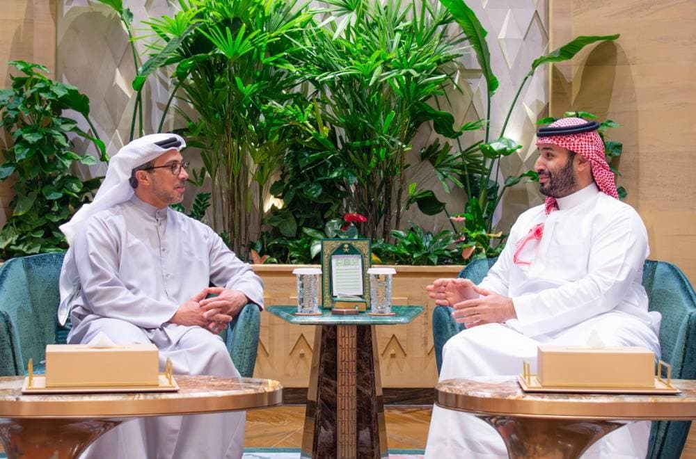 Saudi Crown Prince Mohammed bin Salman and UAE Deputy President Sheikh Mansour shaking hands, symbolizing strengthened bilateral ties.