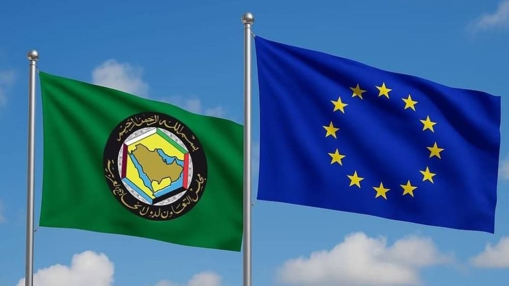 Graphic illustrating the GCC-EU Summit in Riyadh, highlighting economic cooperation and key participants.
