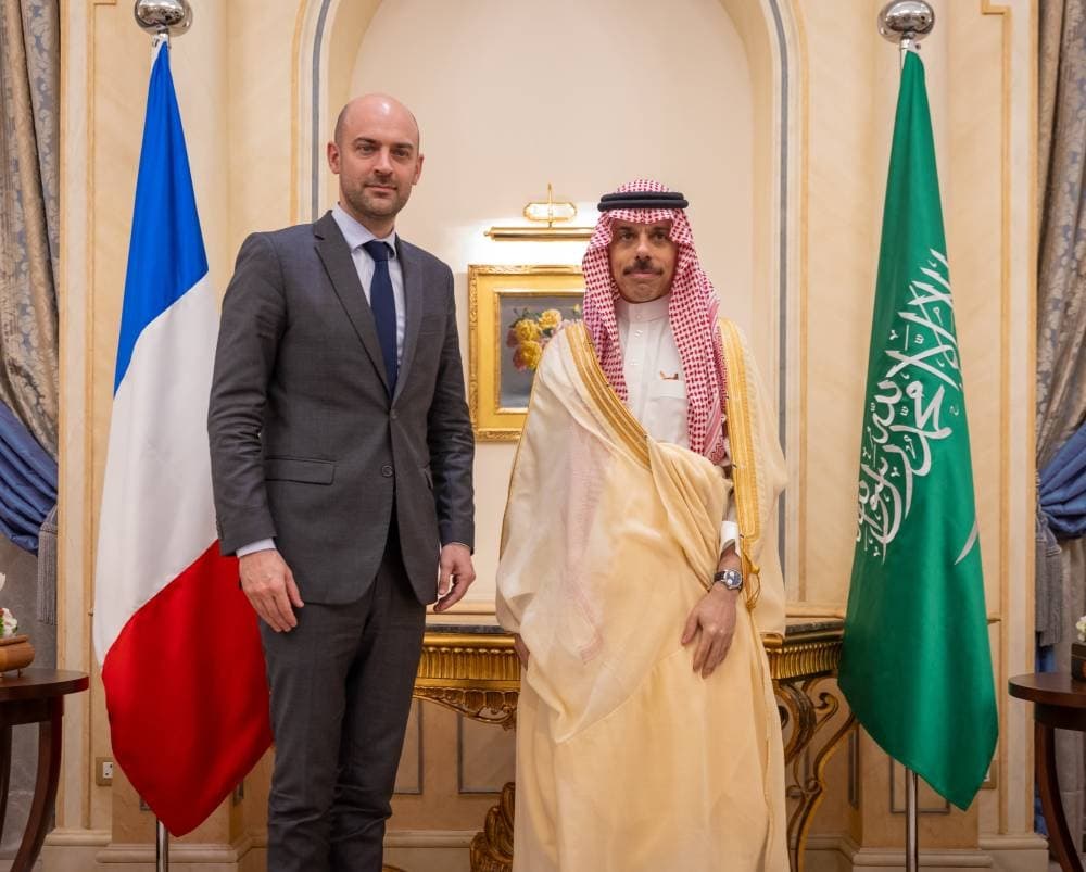 Saudi and French Foreign Ministers discussing regional security and bilateral relations in Riyadh.