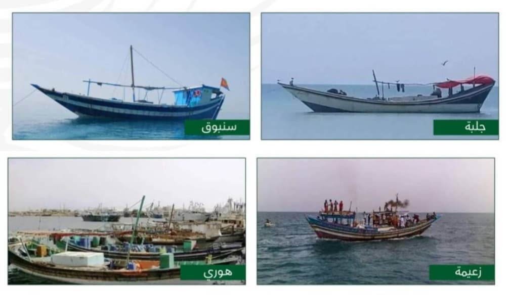 Infographic showing traditional vessels used for smuggling weapons in Yemen's maritime conflict.