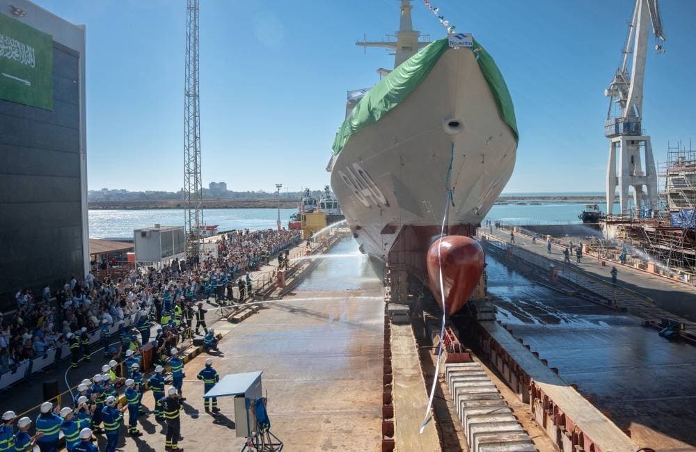 The HMS Neom Avante 2200-class naval corvette floating at Navantia shipyard in Spain during official launch ceremony