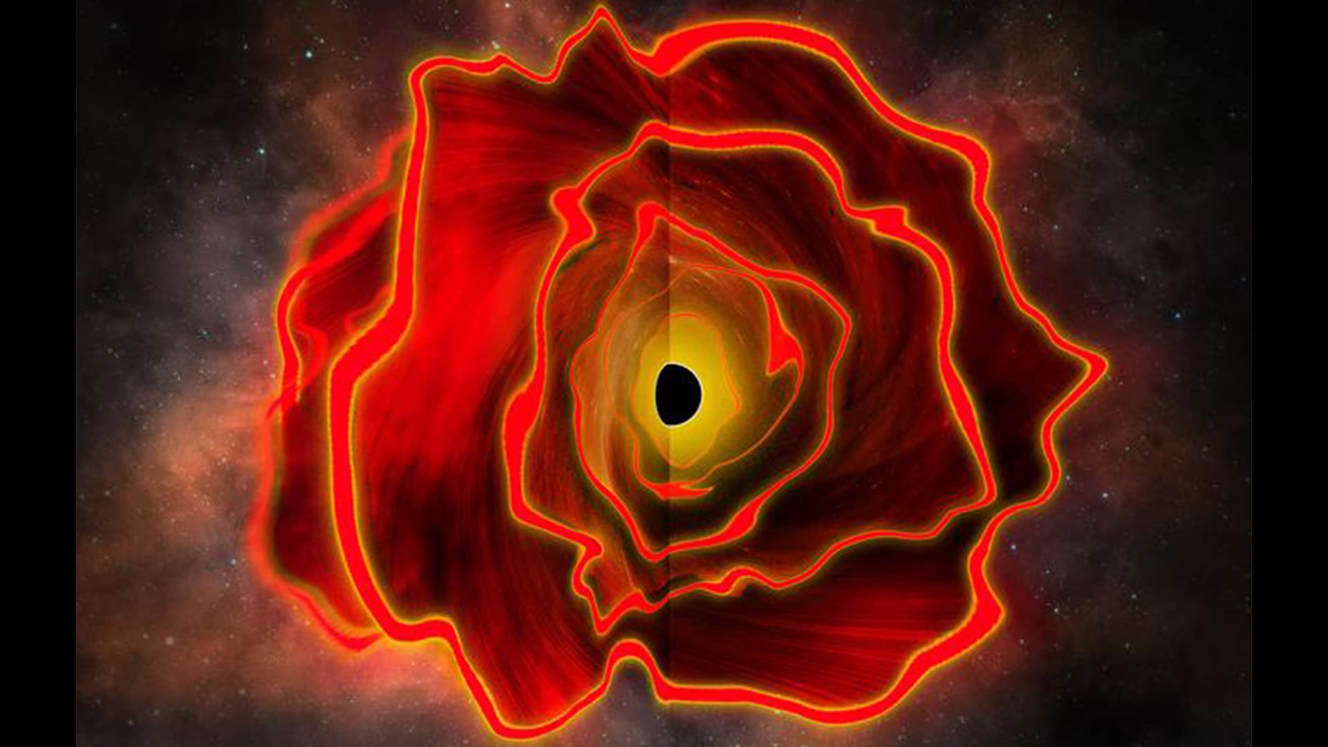 Illustration of a black hole star with cosmic materials surrounding it.