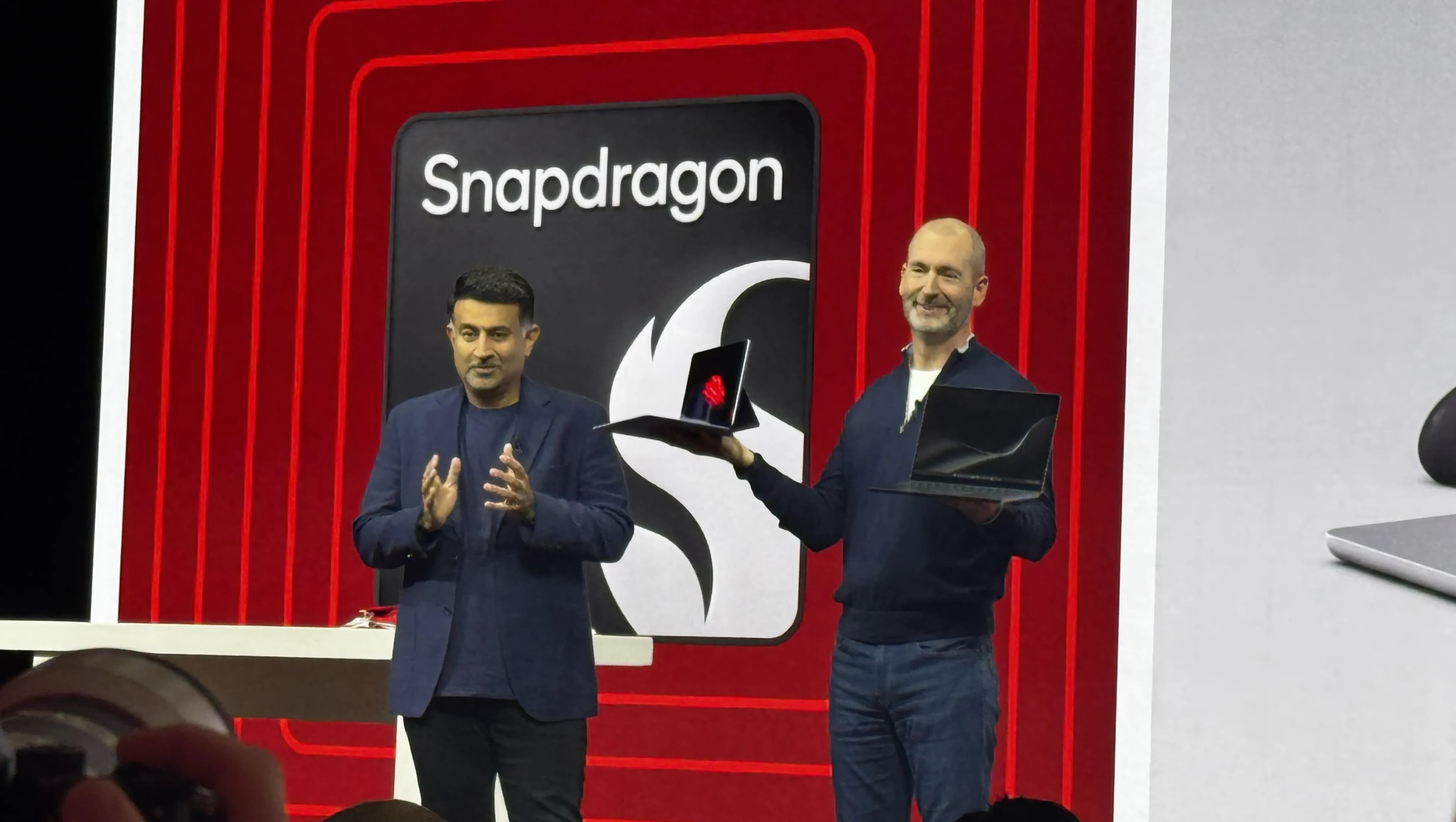 Infographic comparing Microsoft's Snapdragon X2 Surface devices with competitors on battery life and camera performance.
