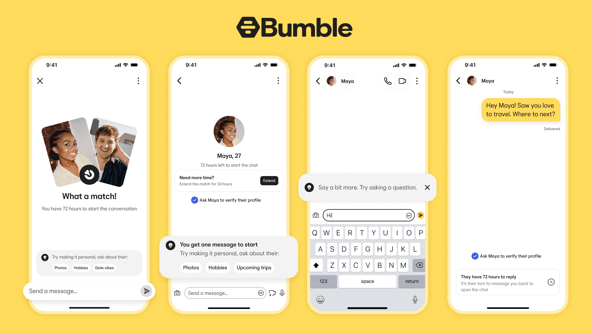 Bumble app interface showcasing new messaging features