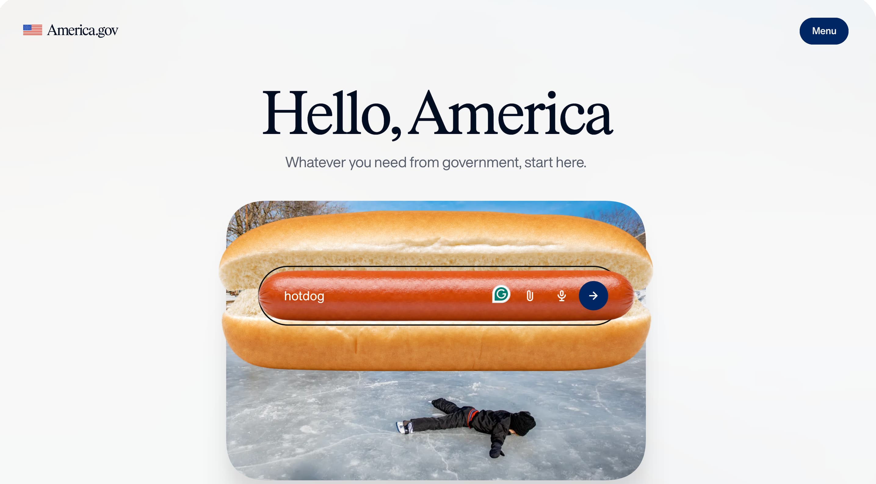 An infographic showing the America.gov AI chatbot consolidating 29,000 federal websites into one interface.