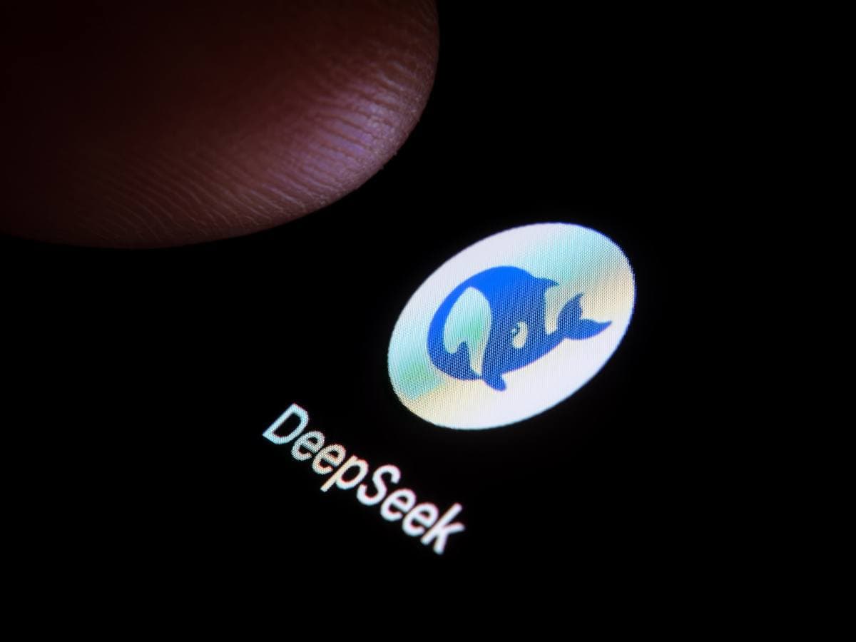 DeepSeek logo with a backdrop of AI technology graphics