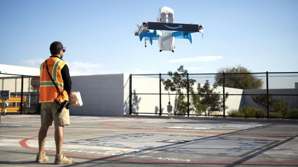 Infographic showing Amazon's drone delivery expansion across U.S. cities, highlighting delivery times and locations.