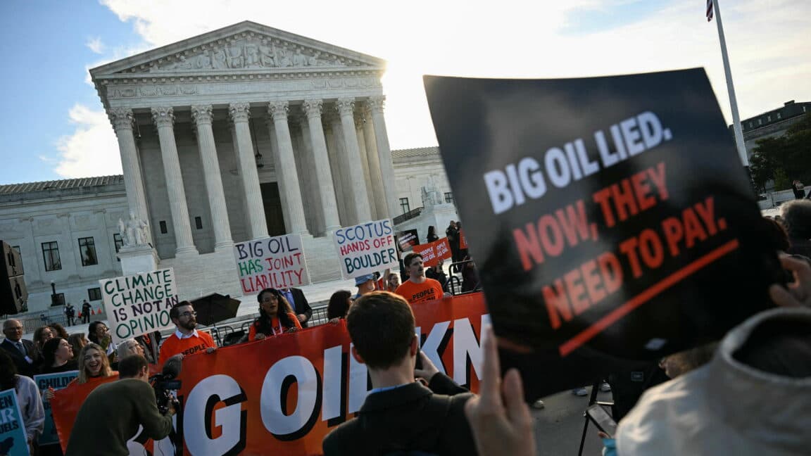 A visual representation of the U.S. Supreme Court case on climate deception claims against oil companies.