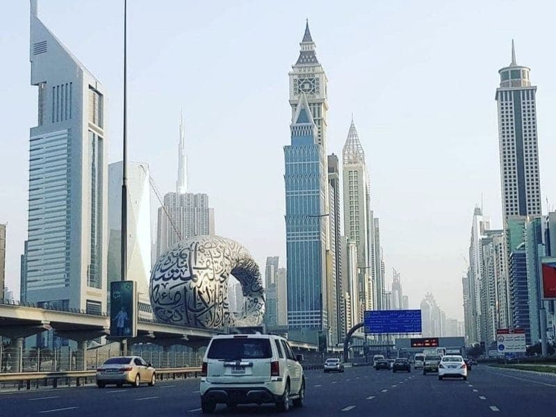 Dubai skyline with financial growth graphics