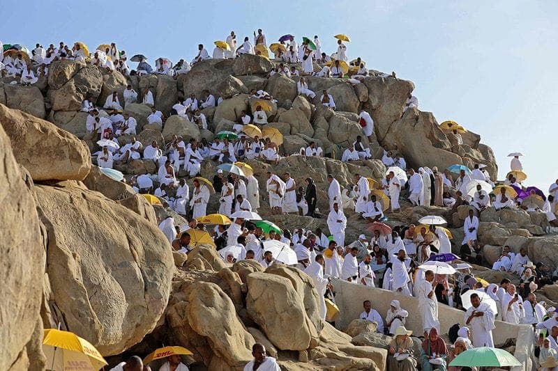 Pilgrims performing rituals during Hajj in Saudi Arabia