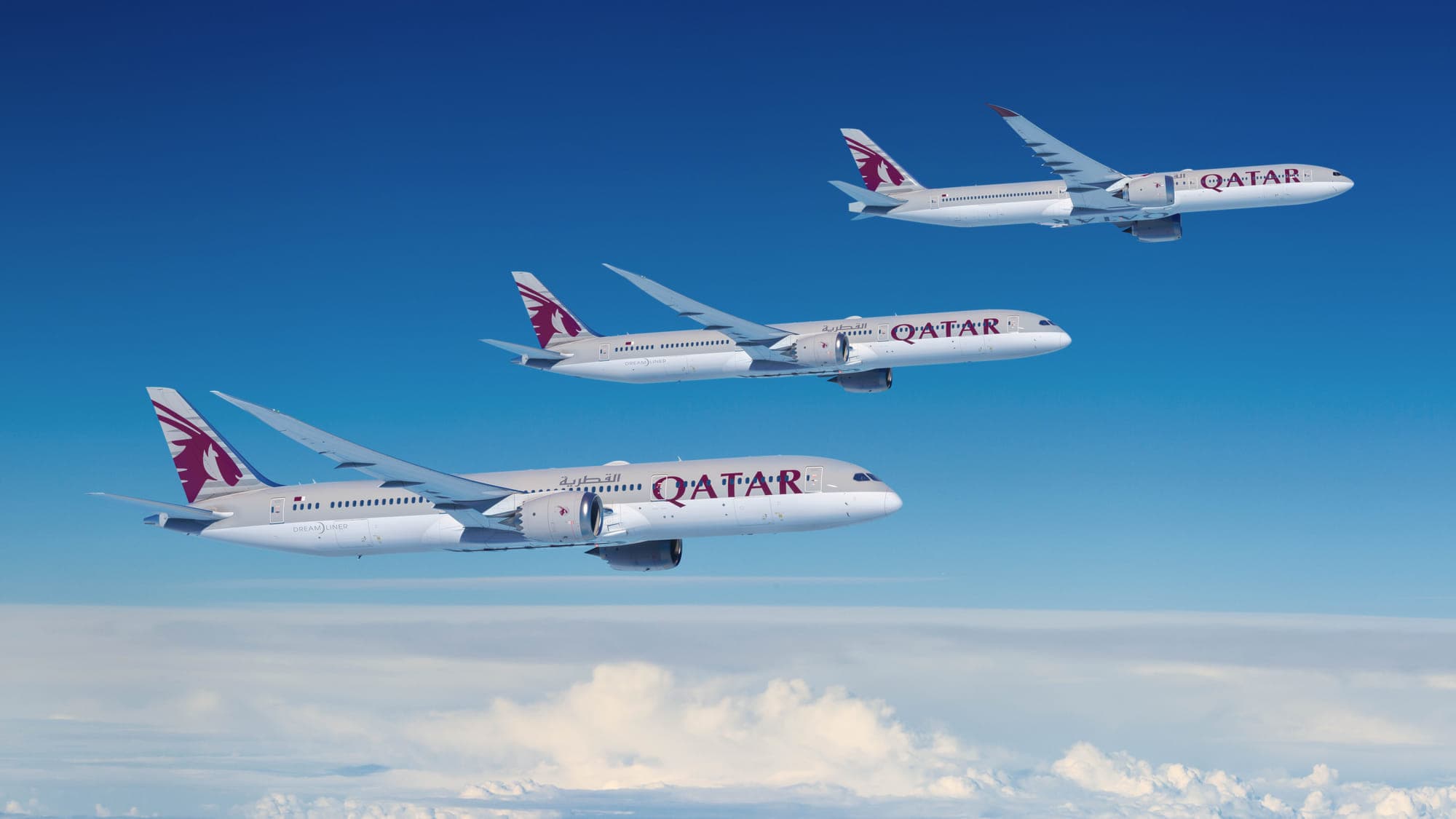 Qatar Airways logo with a backdrop of geopolitical tension