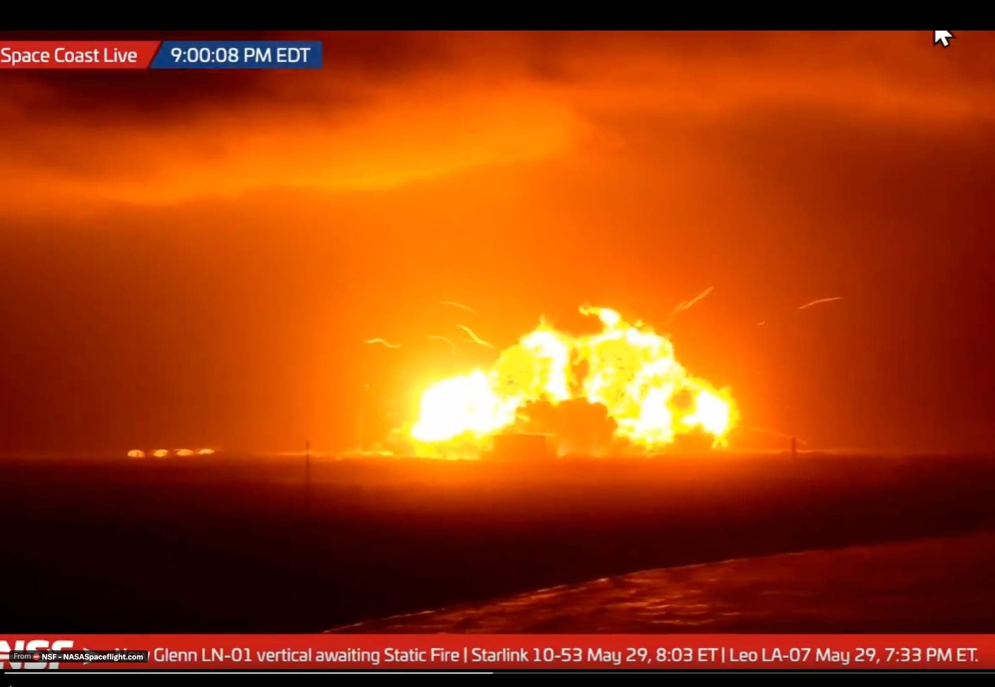 A dramatic scene of Blue Origin's New Glenn rocket exploding during a static fire test at Cape Canaveral.