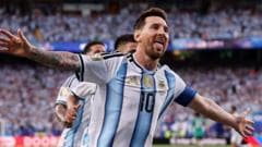 Messi celebrating his historic hat trick, symbolizing the intersection of sports and global branding.