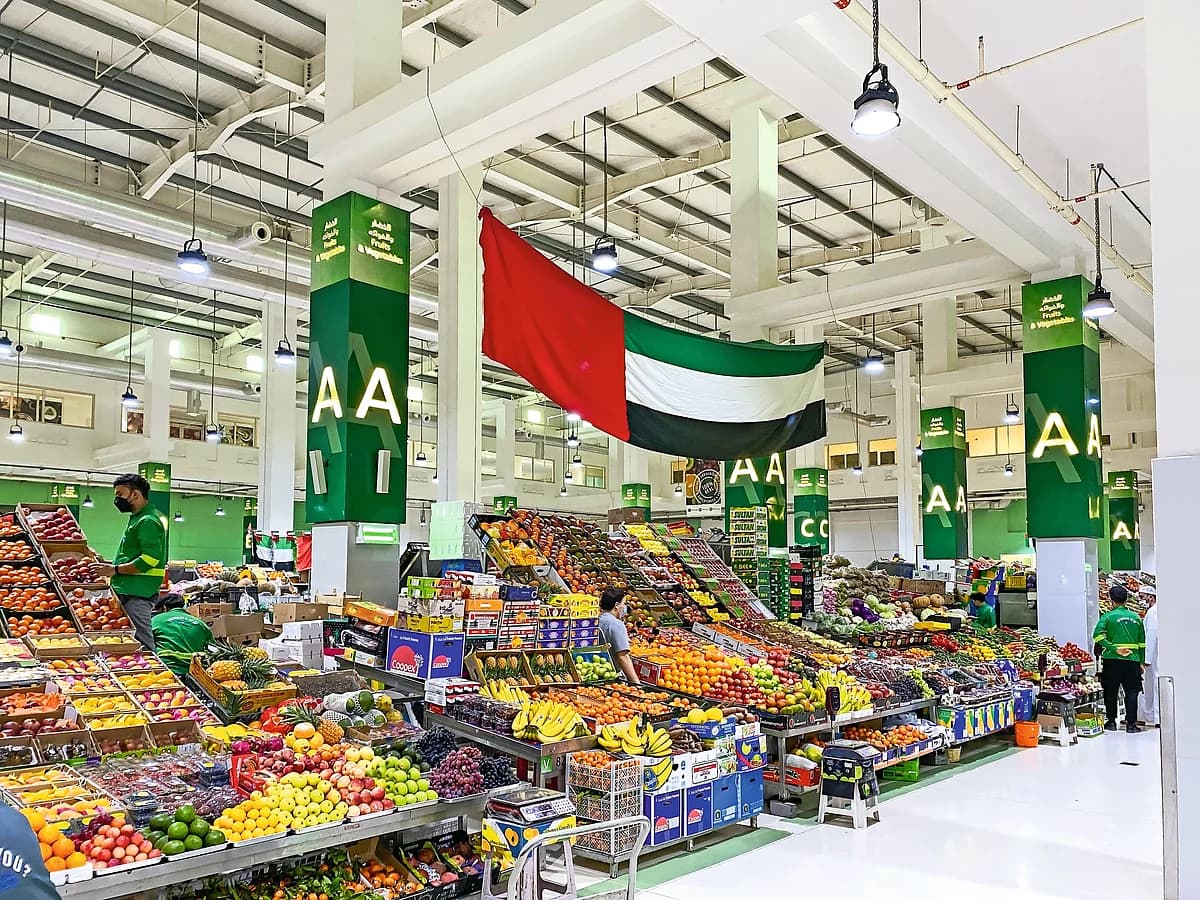 Bold typographic graphic highlighting Dubai Food Security Strategy 2030 supply diversification metrics on a slate background