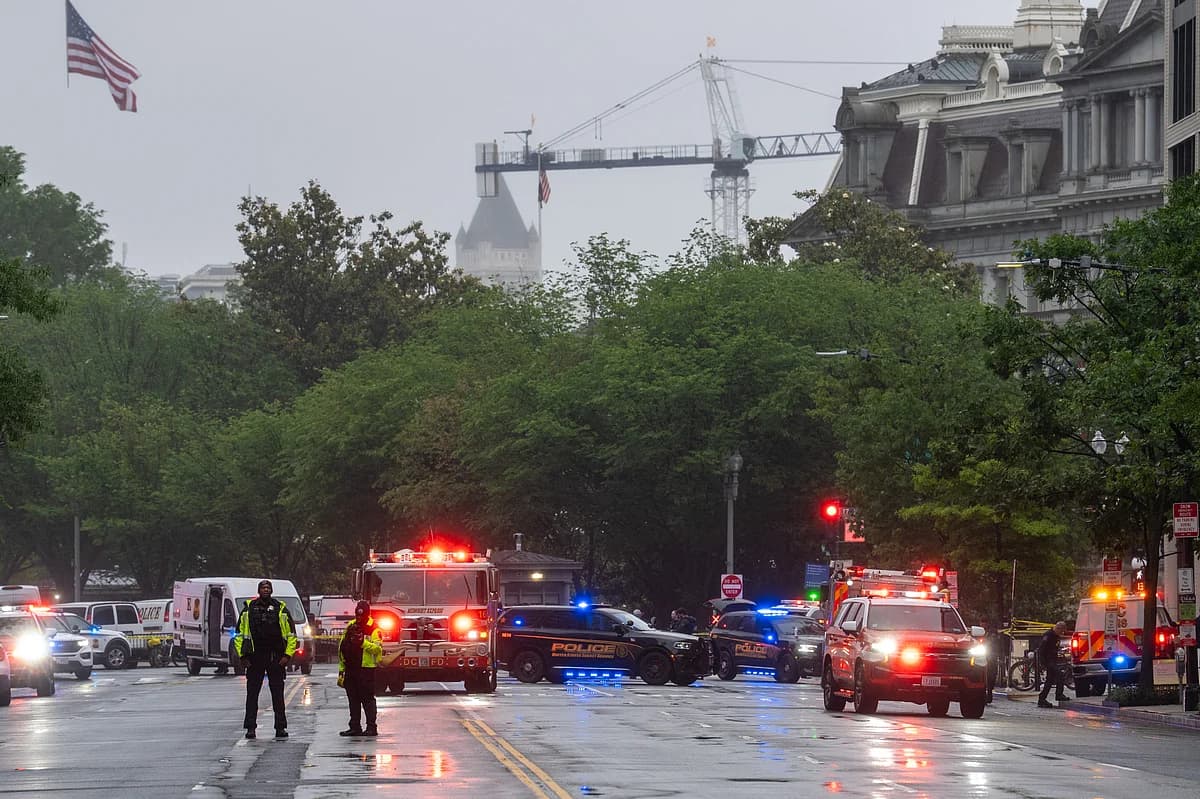 A dramatic scene depicting the shooting incident near the White House, emphasizing security concerns.