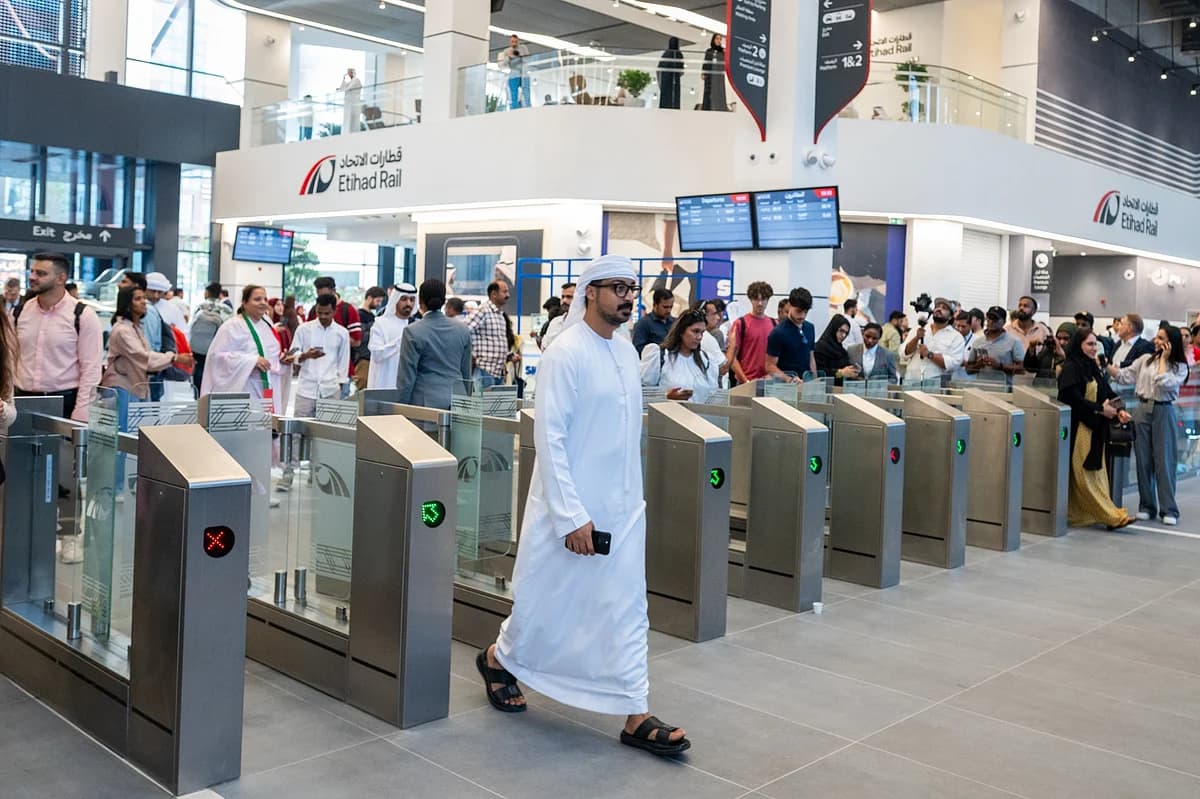 Passengers boarding the inaugural Etihad Rail train in the UAE.