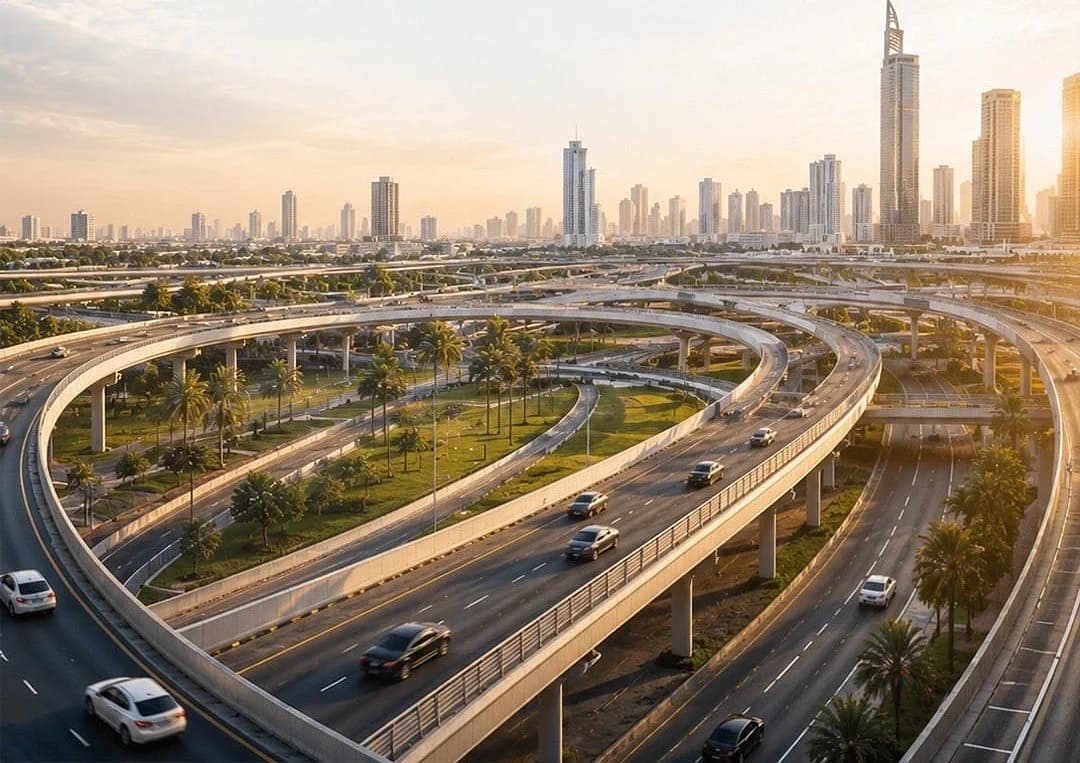 Infographic of Dubai's new 80km corridor project linking Abu Dhabi and Sharjah, highlighting key features and benefits.