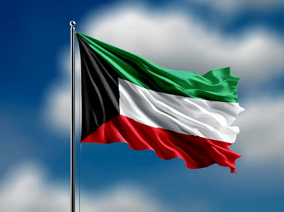 Kuwait government building with a backdrop of geopolitical maps