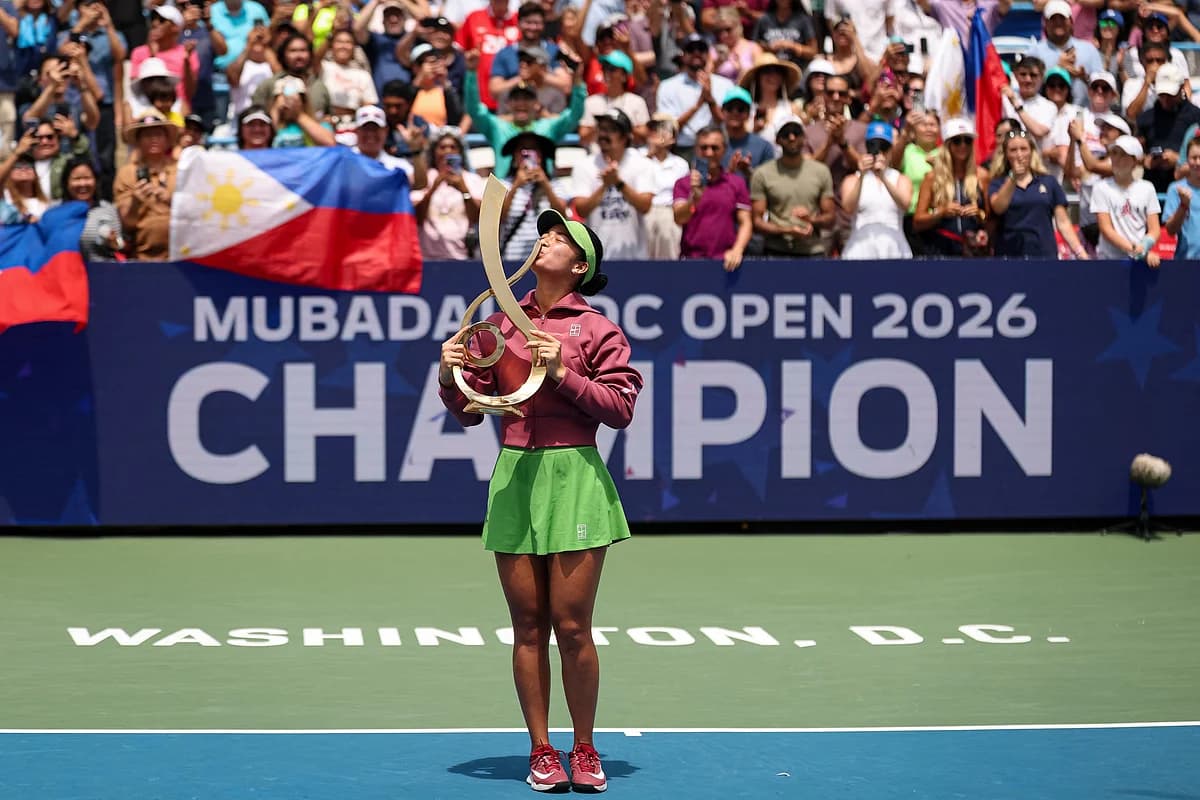 Alex Eala celebrating her historic WTA singles title victory at the DC Open.