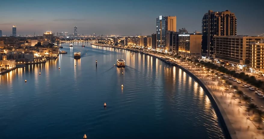 A vibrant nighttime view of Dubai Creek showcasing the new lighting project.