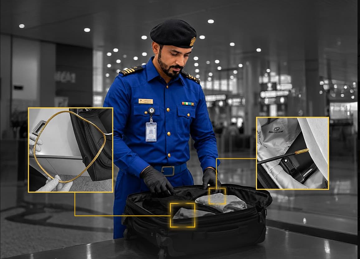 Dubai Customs officials inspecting a suitcase containing melted gold.