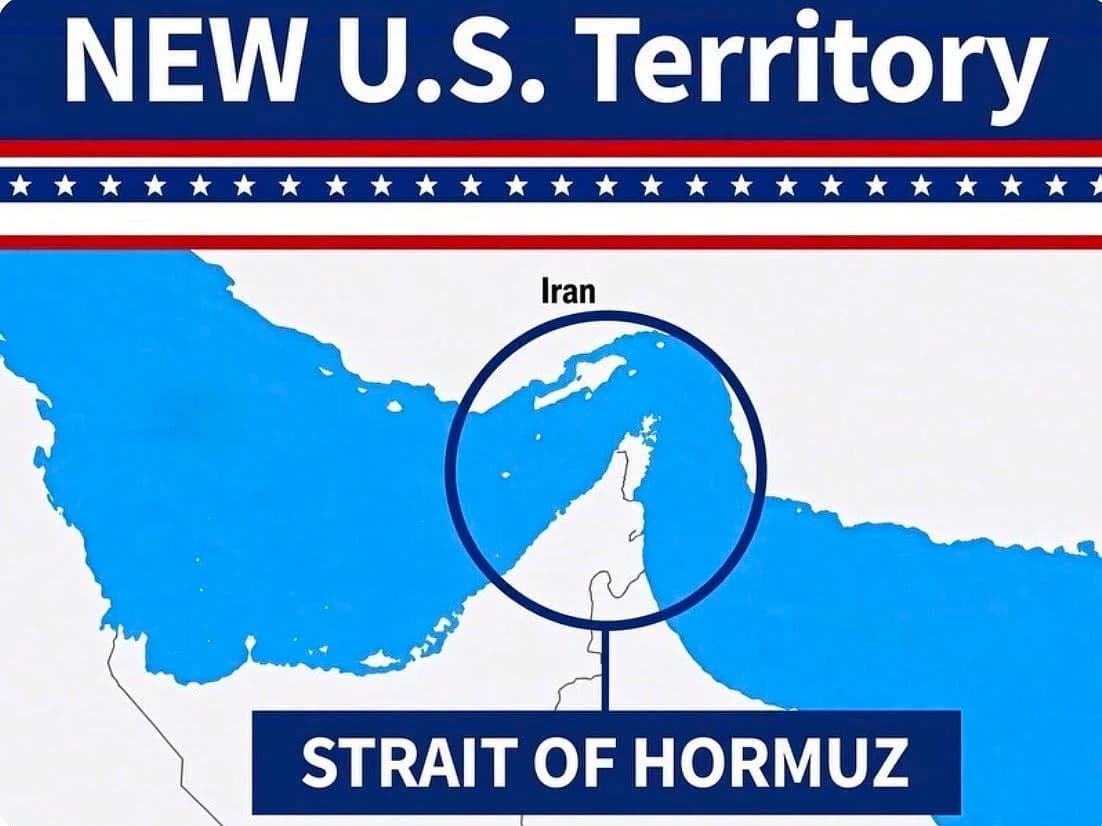 A map showing the Strait of Hormuz labeled as "New US Territory" with geopolitical implications.