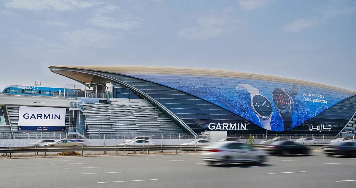 New Garmin Metro Station signage in Dubai, highlighting the naming rights agreement with RTA.