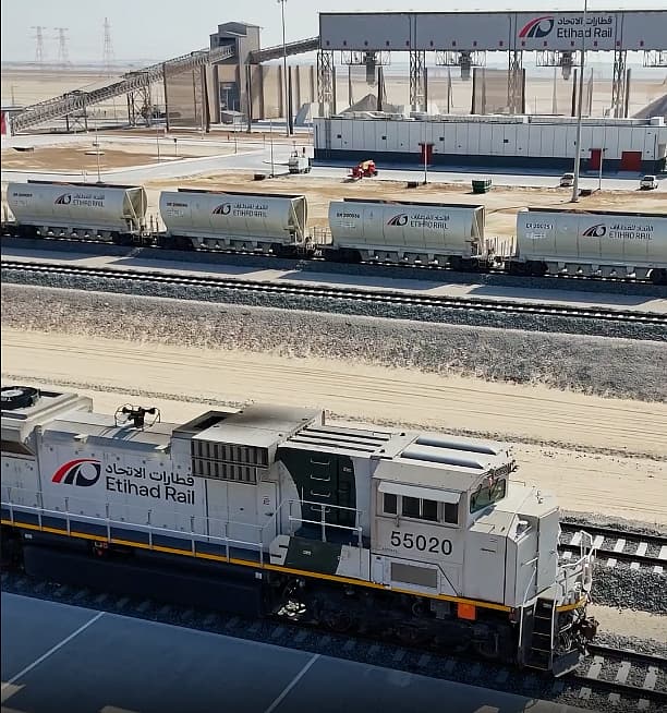 Infographic comparing cargo capacity of rail service to trucking, highlighting the Fujairah-ICAD rail service.