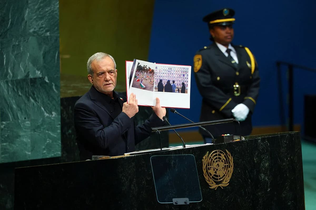 Iranian President Masoud Pezeshkian addressing the UN, highlighting the conflict with the US and its implications for global energy.