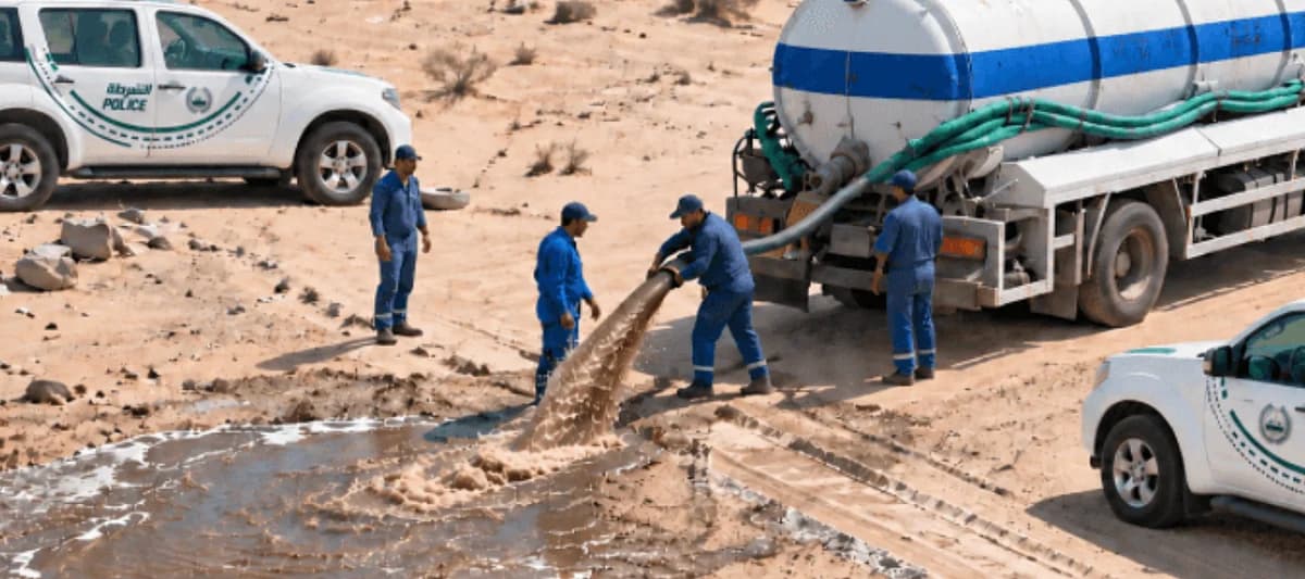 Infographic showing Dubai's hazardous waste disposal regulations and enforcement actions.